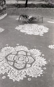 Jyoti Bhatt, An old women sleeping near a newly diagrammed Rangoli to guard it, Rajasthan, 1980